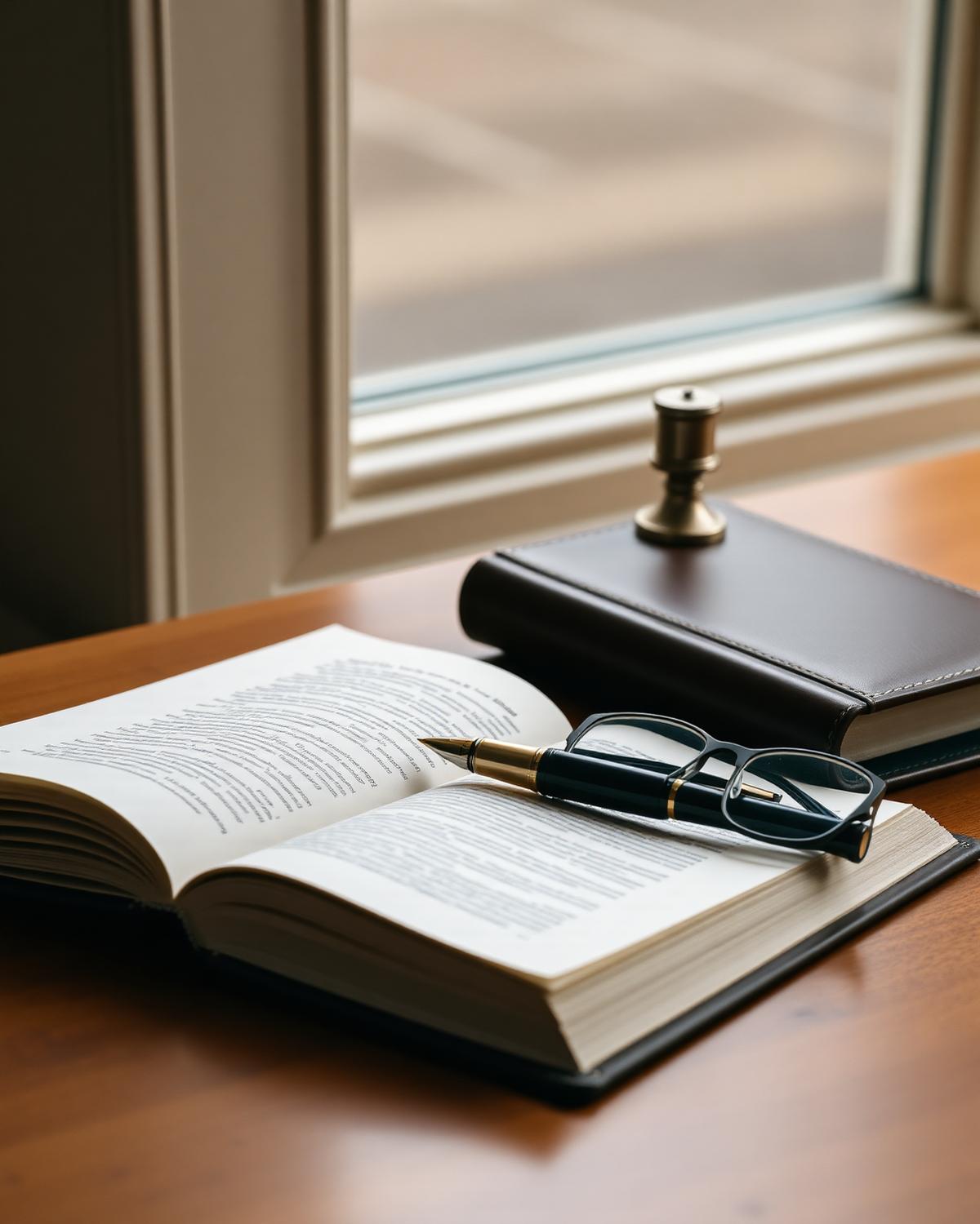 Open legal book, fountain pen, and reading glasses on a wood desk